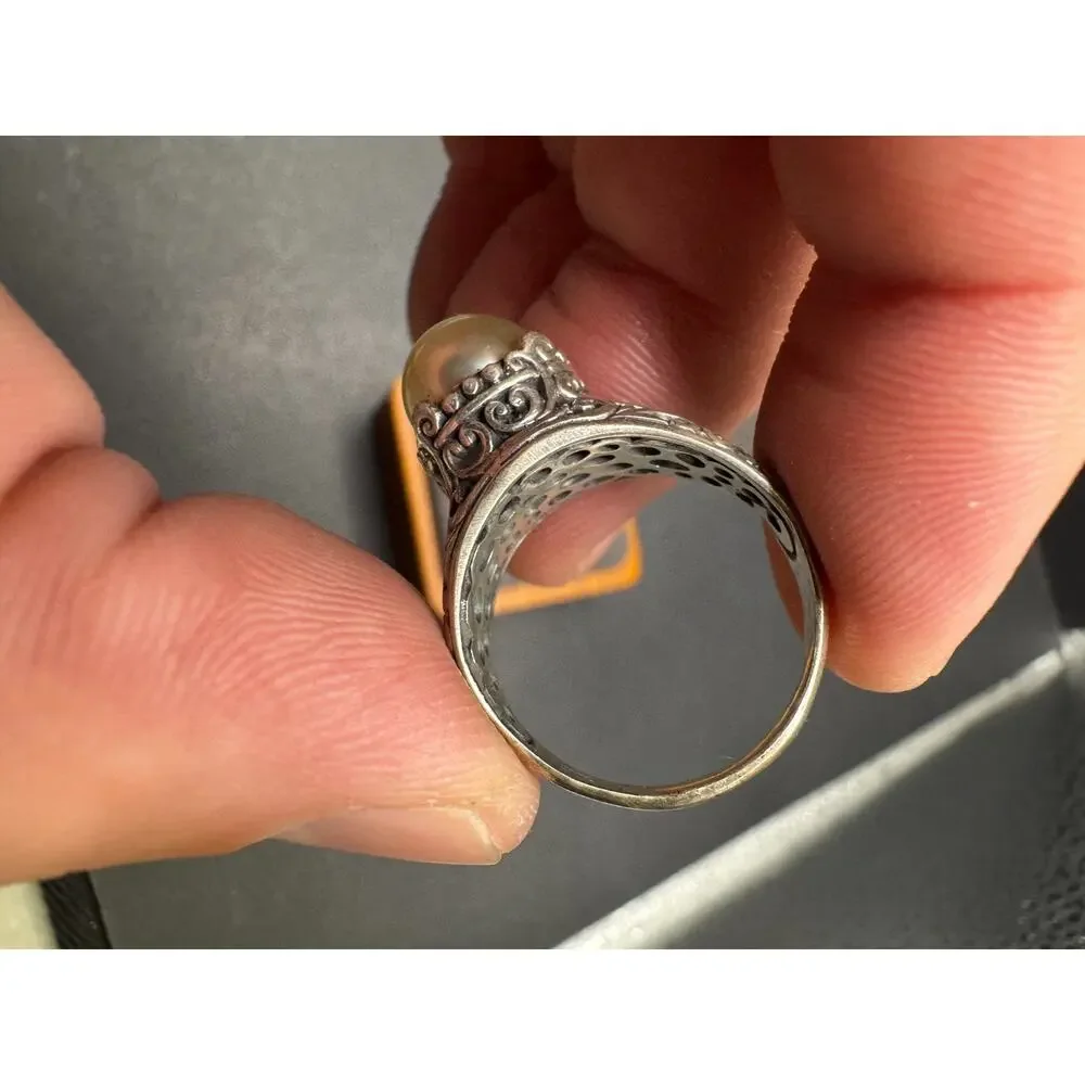 Vintage Sterling Silver 925 Signed Pearl Filigree Cocktail Ring Size 10